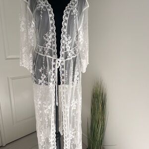 White Sheer Robe/Beach Cover-Up with Lace Details